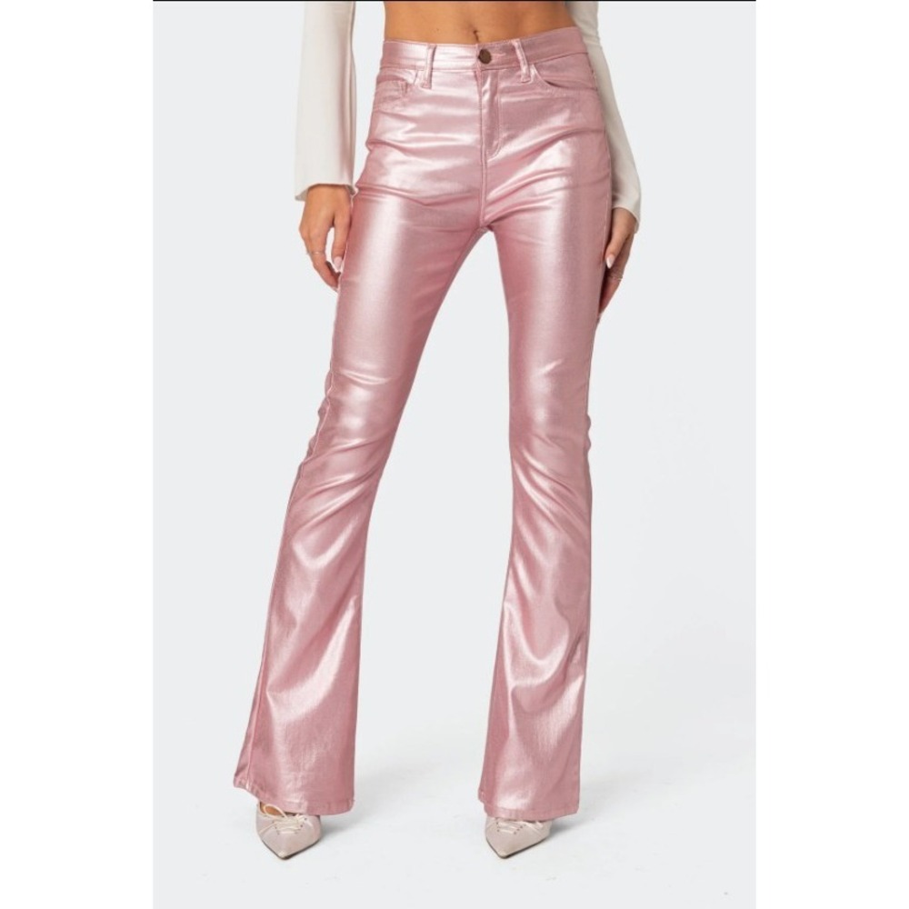 Edikted Luna Flare Jeans Women Size S NEW Faux Leather Metallic Pink Pants 1031